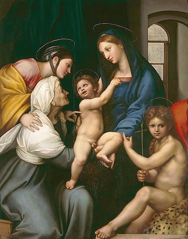 Raffael (Raffaello Sanzio), Madonna dell'Impannata. Ca. 1514. (Raffael (Raffaello Sanzio),1483-1520,Florenz,Galleria Pitti,Öl/Holz,16. Jahrhundert,Renaissance,Galleria Palatina,Firenze,Archivi Alinari,Firenze,Per concessione del Ministero per i Beni e le Attivit?? Culturali,raffaelo sanzio,raphael,jungfrau maria,chri)
