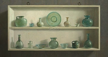 Henk Helmantel, Roman glass in cupboard (Malerei, Stillleben, Tellerregal, Teller Schüsseln, Vasen, römisches Glas, Esszimmer, Küche, Wohnzimmer, bunt)