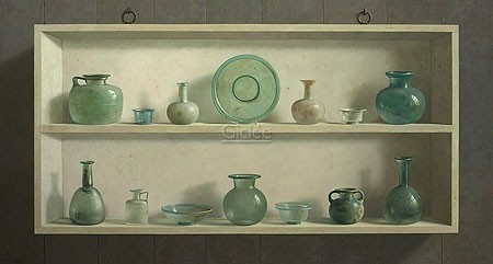 Henk Helmantel, Roman glass in cupboard (Malerei, Stillleben, Tellerregal, Teller Schüsseln, Vasen, römisches Glas, Esszimmer, Küche, Wohnzimmer, bunt)