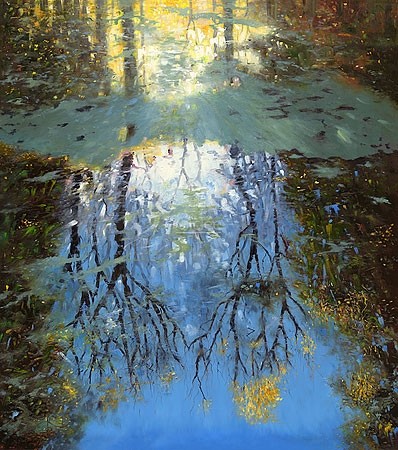 Jacqueline Kasemier, Allersmaborg IV (Landschaft, Natur, Teich, Algen, Spiegelungen, Wald, Malerei, modern, Wohnzimmer,  Treppenhaus, bunt)