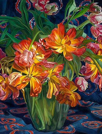 Theo Leijdekkers, Yellow-red tulips (Malerei, Stillleben, Tulpen, Blumen, Blumenvase, Blumenpracht, Strauß, Vanitas, Verwelken, Vergänglichkeit,  üppig, Blüten, Esszimmer, Wohnzimmer, Treppenhaus, bunt)