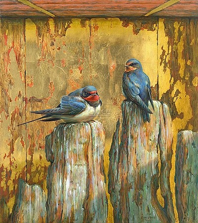 Erik van Ommen, Swallows against gold (Malerei, Natur, Tierwelt, Schwalben, Schwalbenpaar,  Vögel, naturgetreu, realistisch, Wohnzimmer, Treppenhaus, Schlafzimmer, bunt)