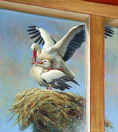 Erik van Ommen, Storks on the nest (Malerei, Natur, Tierwelt, Störche, Storchenpaar, Ausblick, Storchennest, Vögel, naturgetreu, realistisch, Wohnzimmer, Schlafzimmer, Treppenhaus, bunt)