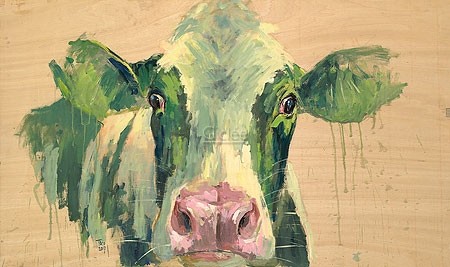 Theo Onnes, Green cow (Malerei, Tierportrait, Kuh, Nutztier, Tier, Treppenhaus, Wohnzimmer, Tierarztpraxis, bunt)
