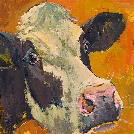 Theo Onnes, Cow against Gold (Malerei, Tierportrait, Kuh, Nutztier, Tier, Treppenhaus, Wohnzimmer, Tierarztpraxis, bunt)