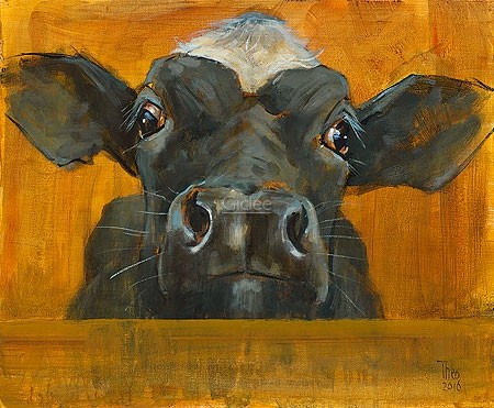 Theo Onnes, Curious calf against Gold (Malerei, Tierportrait, Kuh, Nutztier, Tier, Treppenhaus, Wohnzimmer, Tierarztpraxis, bunt)
