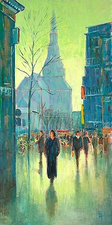 Theo Onnes, Der Aa-kerk (Malerei, Stadt, Architektur, Kirche, Groningen,Spaziergänger,  Niederlande, Horizont, Wohnzimmer, bunt)