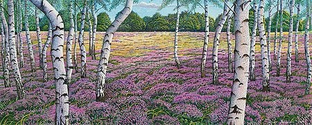 Drago Pecenica, Birch forest on the heath (Malerei, Natur, Landschaft,  Birkenwald, Bäume, Heidelanschaft, Erika, Wohnzimmer, Treppenhaus,  bunt)