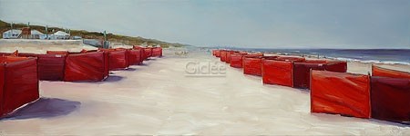 Ans Smits, In line (Strand, Meer, Sand, Windschutz, menschenleer, Licht, Sommer, impressionistisch, Malerei, modern, Wohnzimmer, Treppenhaus, bunt)