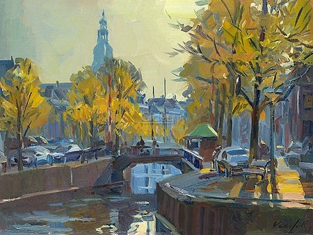 Hans Versfelt, Noorderhaven (Malerei, modern, Stadt, Niederlande, Hafen, Gracht, Kanal, Kirche Kirchturm, Kanal, Sommer, Wohnzimmer, Arztpraxis, bunt)