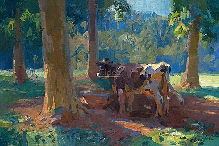 Hans Versfelt, Under the trees (Malerei, Landschaft, Niederlande,  Kuh, Bäume, Schutz, Schatten, Idylle, Sommer, Sonnenlicht, Kontrast, Licht / Schatten,Treppenhaus, Wohnzimmer, bunt)