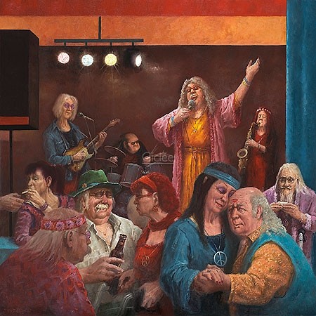 Marius van Dokkum, Hippie reunion (Malerei, Karikatur, Menschen, Menschenmenge, Hippies, Althippies, Konzert, Spaß,   komisch, lustig, Treppenhaus, Wohnzimmer,  bunt)