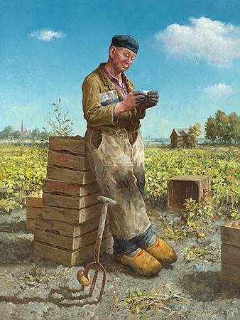 Marius van Dokkum, Potato Digger (Malerei, Portrait, Menschen, Mann, Bauer, Kartoffelernte, Mistgabel, Arbeit, Feldarbeit, Treppenhaus, Wohnzimmer, bunt)