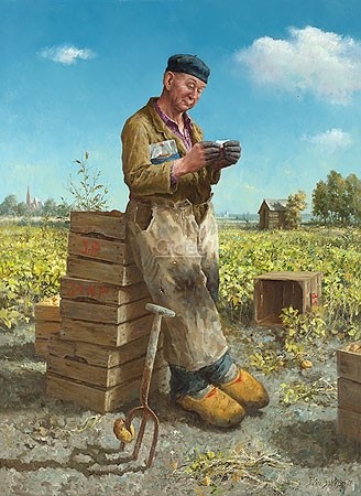 Marius van Dokkum, Potato Digger (Malerei, Portrait, Menschen, Mann, Bauer, Kartoffelernte, Mistgabel, Arbeit, Feldarbeit, Treppenhaus, Wohnzimmer, bunt)