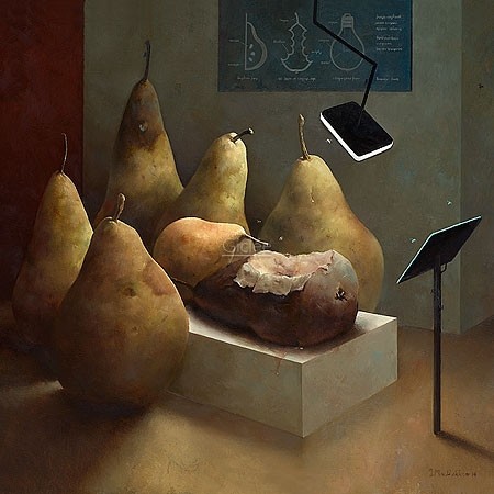 Marius van Dokkum, The Anatomy lesson (Malerei, Karikatur,  Birnen, Anatomiestunde, Obst, Früchte, lustig, komisch, Esszimmer, Wohnzimmer, bunt)