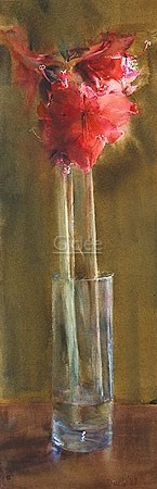 Dorry van de Winkel, Amaryllis (Malerei, modern, Stillleben, Blumen, Anaryllis, Blüten, Blumenvase, Glasvase,  Wohnzimmer, Schlafzimmer, Esszimmer,  rot / bunt)