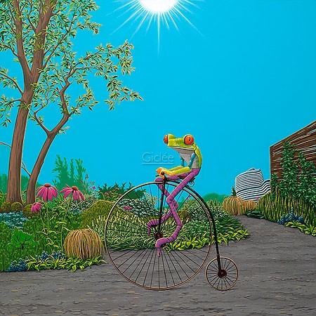 Jasper Oostland, Duo (Malerei, Frosch, Radfahrer, Hochrad, Nostalgie, Sommertag,  witzig, lustig, Fitness, Comic, grau)