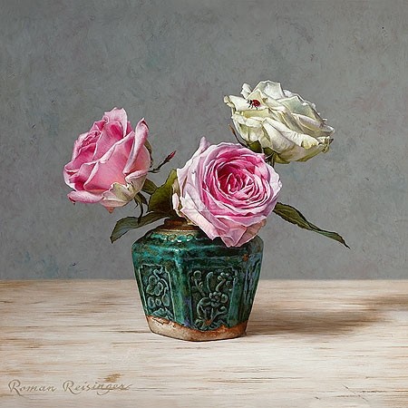 Roman Reisinger, Still life with roses (Stillleben, Blumenvase, Blumenstrauß, Rosen, Blüten,  Esszimmer, Treppenhaus, Wohnzimmer, Malerei, bunt)