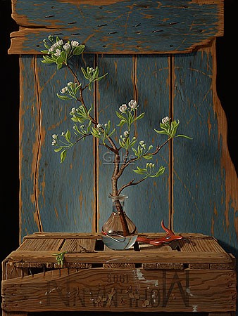 Rob Møhlmann, Lenteoffer (Malerei, Stillleben, Holzblock, Panel, shabby, Holzwand, Vase, Zweig, Blüten, Frühling, Nostalgie, Wohnzimmer, Küche, Esszimmer, bunt)