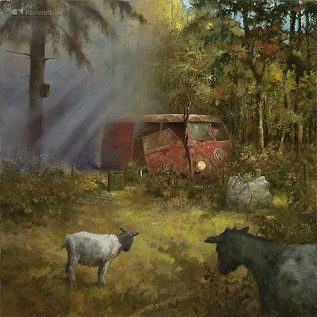 Marius van Dokkum, Rokend geitenhok (Wald, Auto, VW-Bulli, Schrott, Ziegen, Ziegenhaus, Malerei, Humor, witzig, lustig, Treppenhaus, Wohnzimmer,)