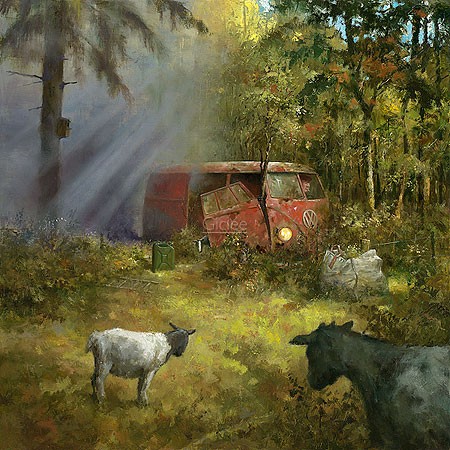 Marius van Dokkum, Rokend geitenhok (Landschaft, Wald, Bäume, Ziegen, Schrottauto, Bully, Melancholisch, Vergänglichkeit, Zerfall, Wohnzimmer, Treppenhaus, Malerei, bunt)