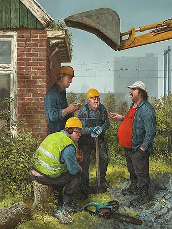 Marius van Dokkum, A scoop on top (Malerei, Karikatur, Baustelle, Bauarbeiter, Diskussion, Trutsch, Bagger, komisch, lustig, witzig, Treppenhaus, Wohnzimmer, bunt)