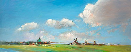 Dinie Boogaart, Zaanse Schans (Malerei, Landschaft, Freilichtmuseum,  Windmühlen, Niederlande, Holland, Wolken, Sommer, Sommerlicht, impressionistisch, Wohnzimmer, bunt)