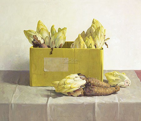 Henk Helmantel, Chicory in a yellow box (Malerei, Stillleben, Tisch, Schachtel, Chicoree, Gemüse, naturalistisch, Esszimmer, Küche, Wohnzimmer, bunt)