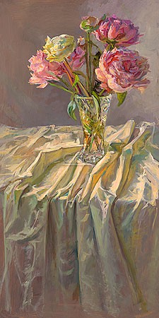 Keimpe van der Kooi, Late peonies (Rosen, Pfingstrosen, Rosenstrauß, Blumen, Blüten, Blumenvase, Stillleben, Seidendecke, edel, Schlafzimmer, Wohnzimmer, Treppenhaus, Malerei, bunt)