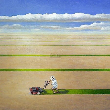 Wouter Berns, The green prophet (Landschaft, Feld, Rasenmäher, surreal, metaphysisch, Ökologie, Umwelt, Wohnzimmer, Treppenhaus, malerei, bunt)