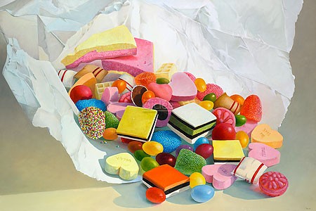 Elvira Dik, Unbearable lightness (Malerei, Bonbons, Lakritz, Bonbonmischung, Süßigkeiten, Esszimmer, Treppenhaus, Fotorealismus, Wohnzimmer, bunt)