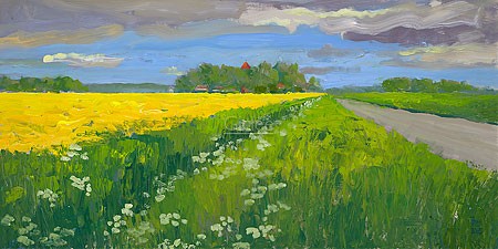 Theo Onnes, Rapeseed (Malerei, Landschaft, Rapsfeld, Rapsblüten, Straße, Endlosigkeit, Niederlande, Horizont, Wohnzimmer, Arztpraxis, bunt)