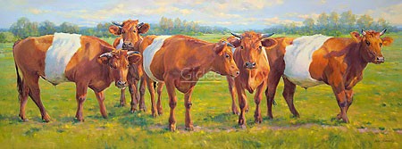 Geke Steenmetz, Lakenvelder cattle (Malerei, Natur, Kühe, Nutztiere, Tiere, Landschaft, Weide, Wohnzimmer, Tierarztpraxis, Treppenhaus, bunt)