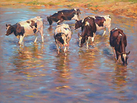 Geke Steenmetz, Cattle cooling down (Malerei, Natur, Kühe, Nutztiere, Tiere, Wasserstelle, Tümpel, Durst, Abkühlung, Sommer, Sonnenlicht, Wohnzimmer, Tierarztpraxis, Treppenhaus, bunt)