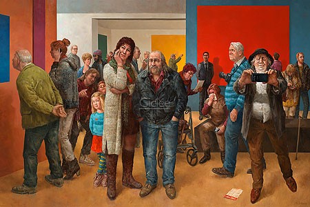 Marius van Dokkum, Museum visitors (Malerei, Karikatur, Museum, Ausstellung, Kunstausstellung, Museumsbesucher, moderne Kunst, Ratlosigkeit, lustig,  komisch, Treppenhaus, Wohnzimmer, bunt)