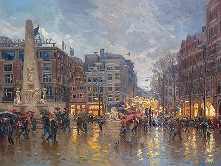 Hans Versfelt, De Dam (Malerei, modern, Amstrdam, Zentrum, Platz, Regentag,  Architektur, Straße, Menschen, impressionistisch,  Reflexionen, Wohnzimmer, Treppenhaus, Esszimmer, bunt)