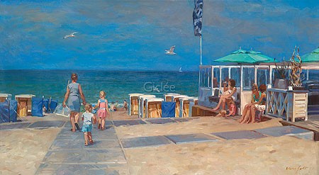 Hans Versfelt, Strandopgang met strandtent (Malerei, Meeresbrise, Strand, Sandstrand, Strandkörbe, Meer, Urlaub, Sommer, Badeurlaub, Badegäste, Strandcafe, Sonnenlicht, Wohnzimmer, Arztpraxis, bunt)