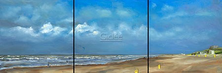 Ans Smits, Beach north triptych (Strand, Meer, Sand, Horizont, menschenleer, Wolken, Weite, Fernweh, Triptychon, impressionistisch, Malerei, modern, Wohnzimmer, Treppenhaus, bunt)