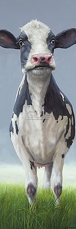 Geke Hoogstins, Smart (Tier, Kuh, schwarz-weiße Kuh, Nutztier, naturalistisch, Malerei, Stimmung, Charakter, Persönlichkeit, schlau, intelligent, witzig, lustig, Treppenhaus, Wohnzimmer, bunt)