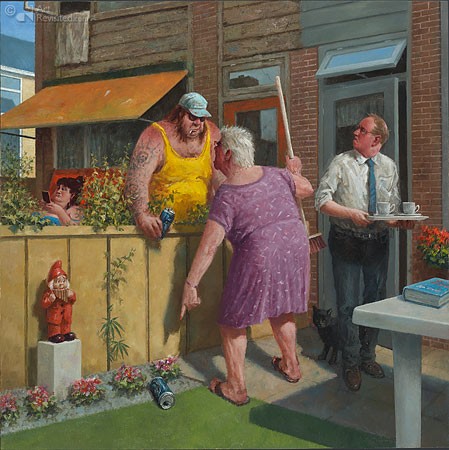Marius van Dokkum, De druppel (Nachbarschaft, Streit, Ärger, Gartenzaun, Bierdose,  Malerei, Humor, witzig, lustig, Treppenhaus, Wohnzimmer,)