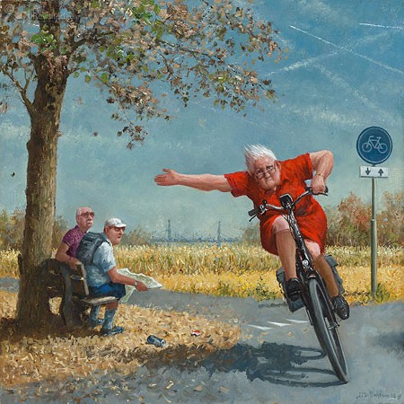 Marius van Dokkum, Turbo (Straße, Oma, Radfahrerin,  schnell, Kurve, Vollgas, Rentner, staunen, Malerei, Humor, witzig, lustig, Treppenhaus, Wohnzimmer,)