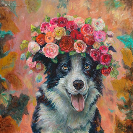 Berg, Celebrating life (Hund, Kopfschmuck, Blumen, Rosen, witzig, Humor, Malerei, zeitgenössisch, Wohnzimmer, Treppenhaus, bunt)