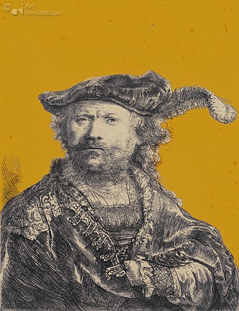 Rembrandt (van Rijn), Rembrandt in uw kleur (Portrait, Selbstportrait, Barrett, Kopfschmuck, modern, gelber Hintergrund, Wonzimmer, Treppenhaus, gelb/schwarz-weiß)