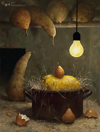 Marius van Dokkum, Broedse peer (Birnen, brütenden Birnen, Obst, Eierschalen, Topf, Geburt, Krippe, Glühbirne, Stall, Malerei, Humor, witzig, lustig, Esszimmer, Wohnzimmer,)