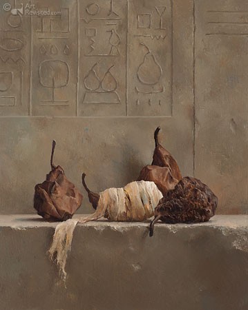Marius van Dokkum, Mummies (Stillleben, Hieroglyphen, ägyptisch, Mumien, Birnen, Malerei, Humor, witzig, lustig, Esszimmer, Wohnzimmer,)