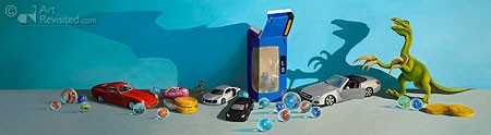 Dik, Boys will be boys (Spielzeug, Jungenspielzeug, Kinderspielzeug, Dinosaurier, Autos, Murmeln, Schatten, moderne Malerei, Wohnzimmer)