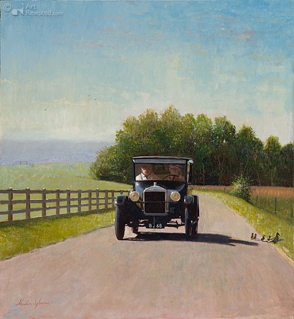 Sijbesma, T-Ford (Landschaft, Landstraße, Ford, Auto, Oldtimer, Ausflug, Entenfamilie, Fotorealismus, Nostalgie, Treppenhaus, Wohnzimmer, bunt)