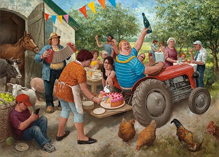 Marius van Dokkum, Tuinfeest (Gartenfest, Traktor, Party, Gelage, Fröhlichkeit, Musiker, Spaß, Bauernhof, Malerei, Humor, witzig, lustig, Esszimmer, Wohnzimmer,)