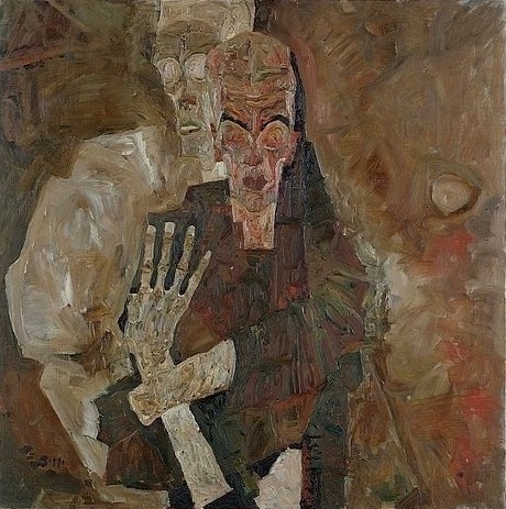Egon Schiele, Selbstseher II (Tod und Mann). 1911 (Schiele,Egon,1890-1918,Wien,Museum Leopold,Österreich,Öl auf Leinwand,20. Jahrhundert,Expressionismus,IMAGNO/Leopold Museum Vienna,Egon Schiele,Doppelgänger,Selbstsuche,Ego,Psychologie,Selbstbefragung,Mann,Hand,Geist,braun,Selbstbildnis)