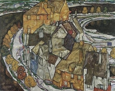 Egon Schiele, Der Häuserbogen II. (Inselstadt). 1915 (Wunschgröße, Malerei, Landschaft, Straße, Bogen,  Häuser, Klassische Moderne, Expressionismus, Wohnzimmer, Treppenhaus, bunt)
